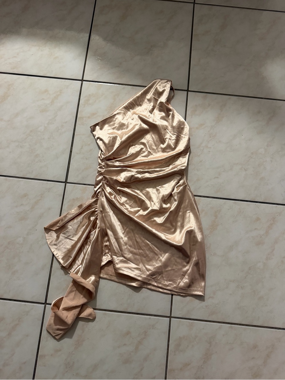 Fashion Nova One-Shoulder Ruched Satin Mini Dress in Blush Gold